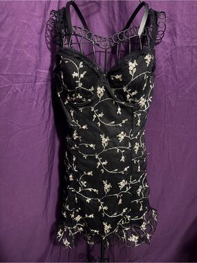 Dolls Kill Black Mini Dress with Cream Floral Embroidery